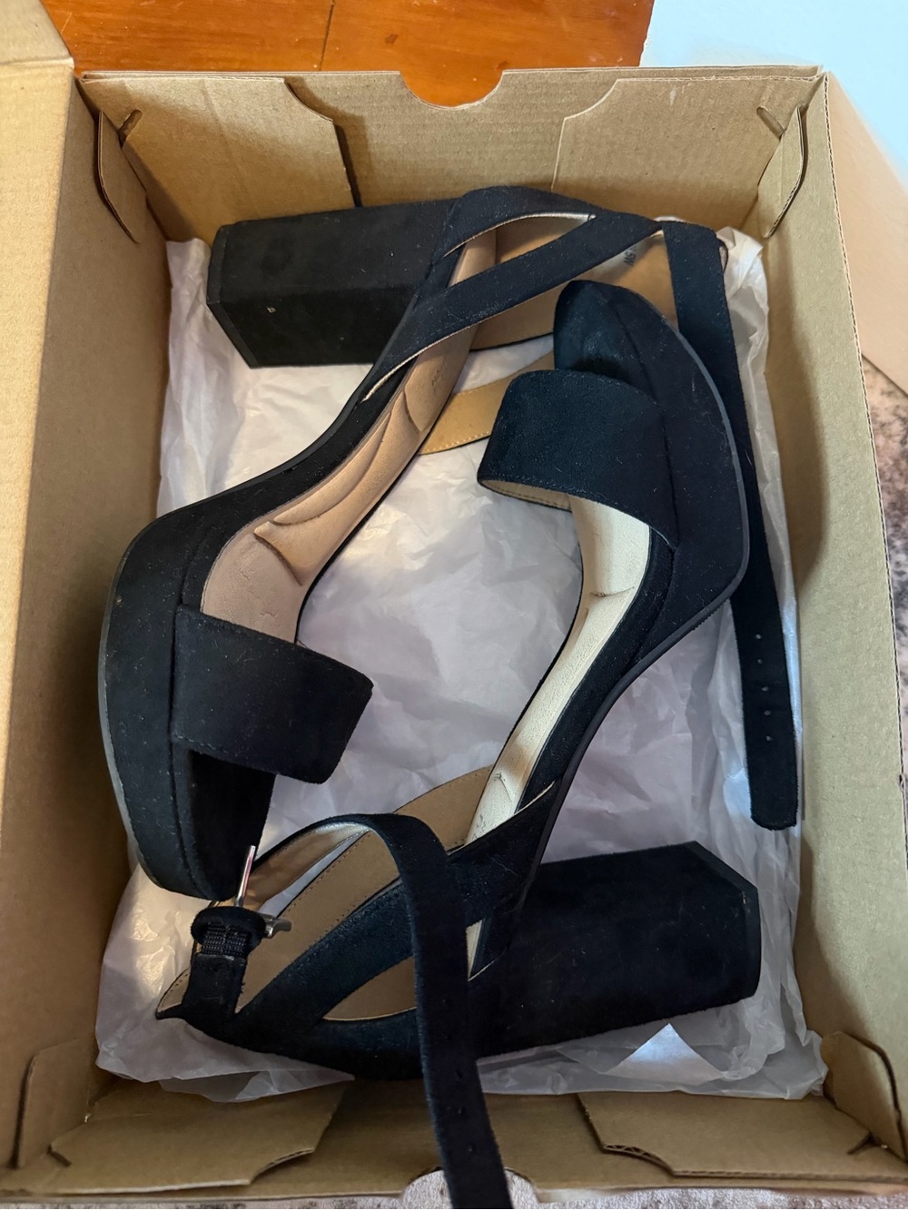 CL by Laundry Black Suede Block Heel Sandals